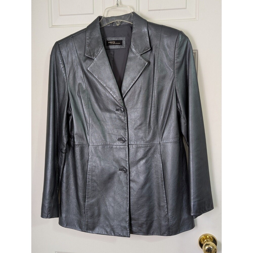 VALERIE STEVENS VTG Black Leather Blazer Jacket Coat Womens Large Button up